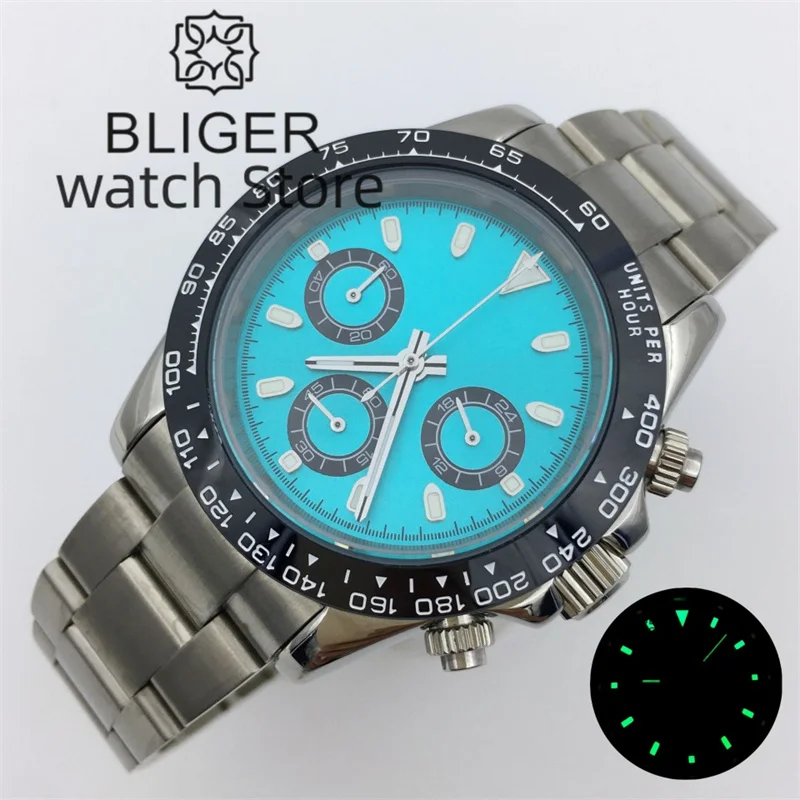 BLIGER Luxury Fashion Quartz Chronograph Business 39mm Sapphire Crystal Men's Watch VK63 Movement Ceramic Bezel Luminous index