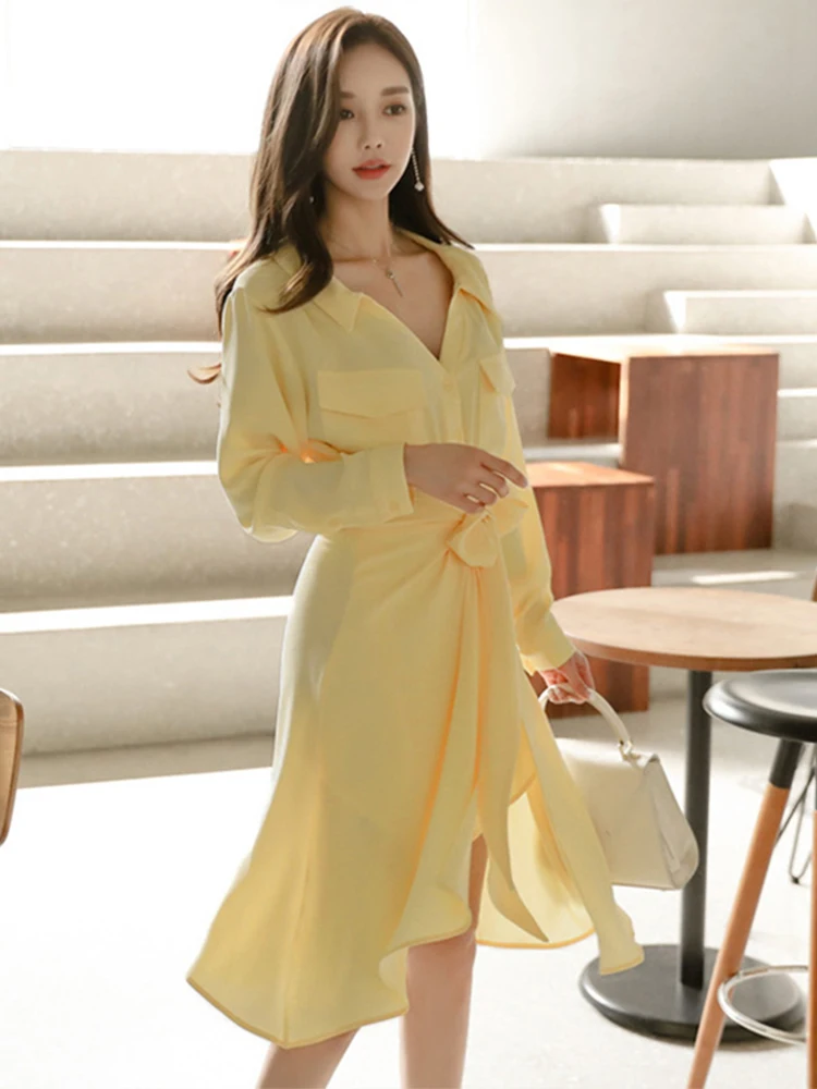 Korean 2 Piece Outfits Elegant Women Temperament Casual Shirt Wrap Slit ...