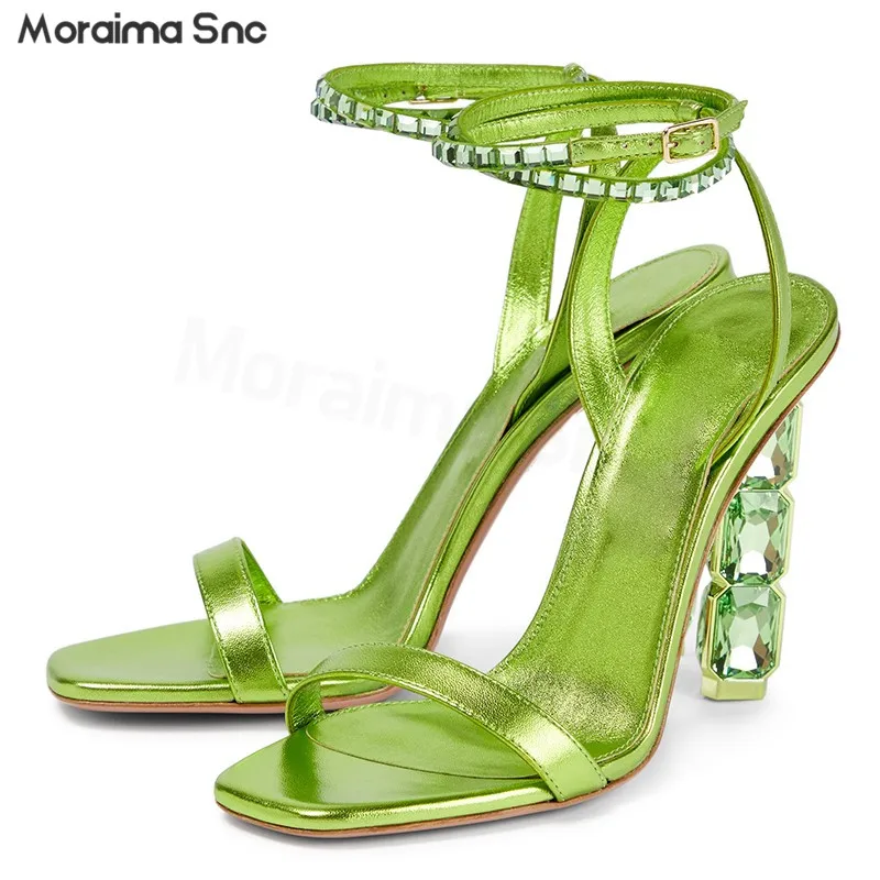 

Green Gemstone High-Heeled Sandals New Celebrity Temperament Word with Rhinestone High-Heeled Sandals Summer Sexy Women's Shoes