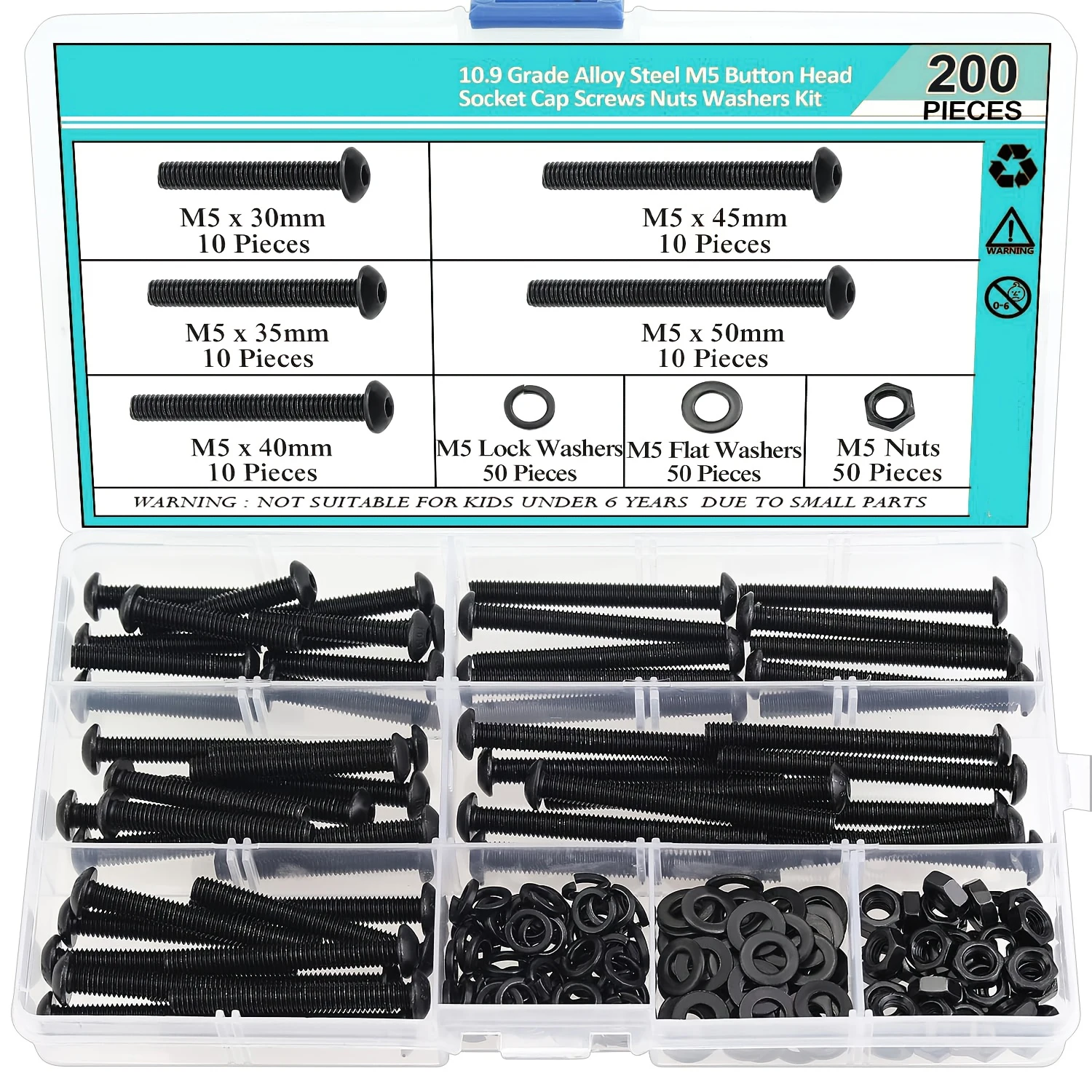 200 Pieces M5 x 30mm/35mm/40mm/45mm/50mm, Button Head Socket Cap Metric Screws Bolts Washers Nuts Kit, 10.9 Grade Alloy Steel