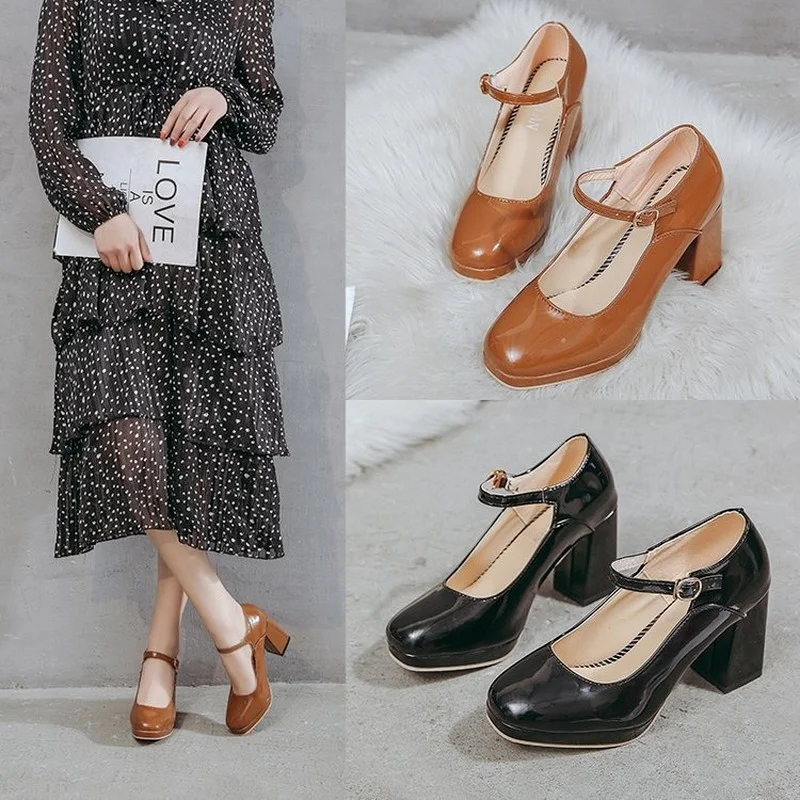 

Patent Leather Pumps Spring Autumn Mary Jane Shoes Women's Buckle Strap High Heels Retro Platform Lolita Woman Heels