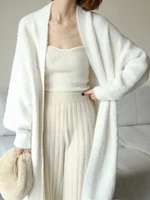 white Long Cardigan for women winter clothes Knitted fluffy long sleeve Cashmere sweater coat clotkorean style warm vintage 1