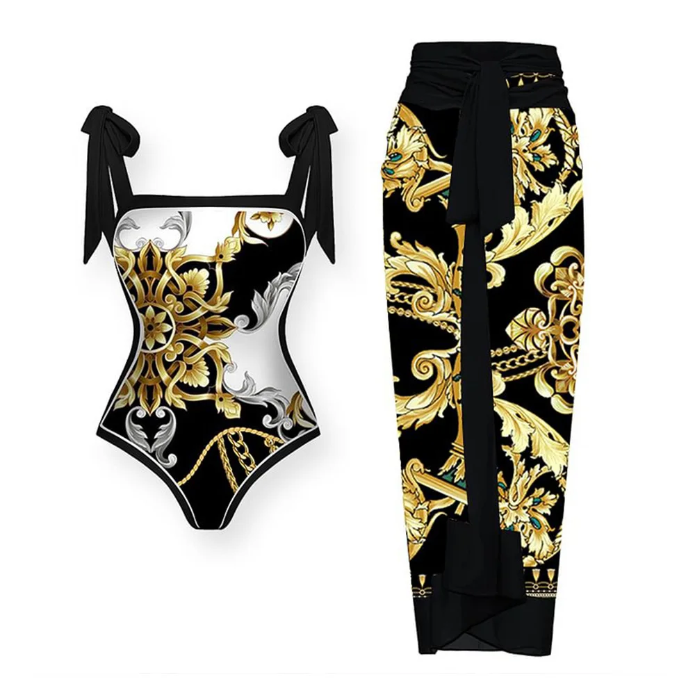 

Female Retro Gold Backless Swimwear Abstract Print One Piece Swimsuit Cover Up Double-sided Black One-piece Bikini Summer Beach
