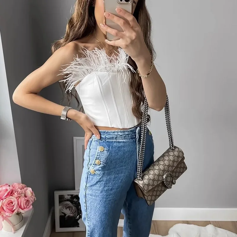 Sexy Feather Bustier Top Women Party Club 2023 Treny Top Senza Spalline Donna Top A Vita In Lisca Di Pesce