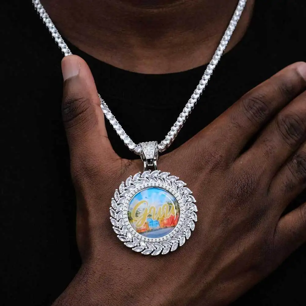 Hip Hop Iced Out Jewelry Picture Custom Pendant Blank Zircon Medallion Photo Necklace Free Item Engraving Logo And Shipping