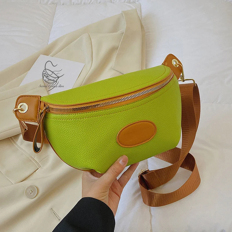 

Elegant Contrast Colour PU Leather Waist Bags For Women Trendy Fanny Packs Female Waist Pack Wide Strap Crossbody Bag 2022 Trend