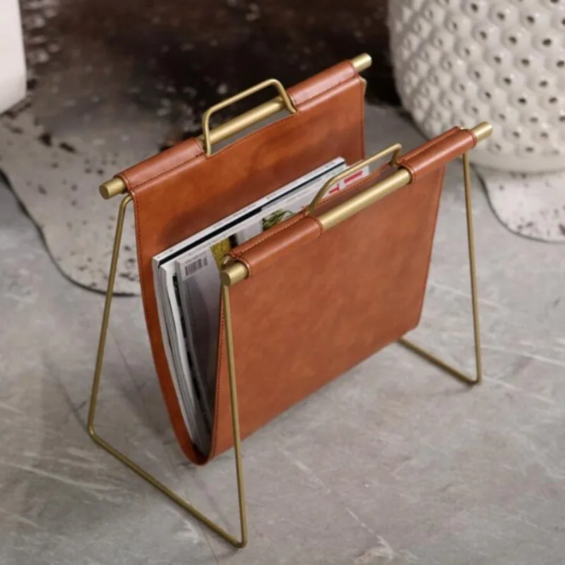 Plated Metal Wire and Faux Leather Magazine Holder Rack Standing For Magazines Books Newspapers Home Staging Show RoomDecoration