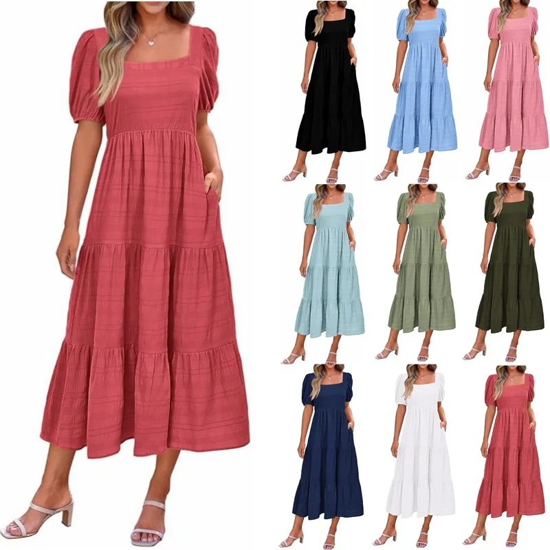 

2024 Summer Women's Long Dress / Skirt Frosted Sleeve Square Collar Back Pleated Short Sleeve Dresses with Pocket