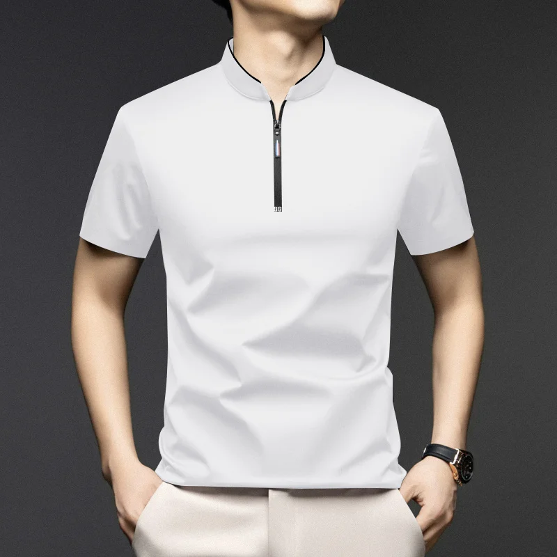 Lässiges, modisches Herren-Poloshirt mit Reißverschluss, einfarbig, kurzärmelig, Stehkragen, vielseitiges, bequemes Oberteil – Detail 17