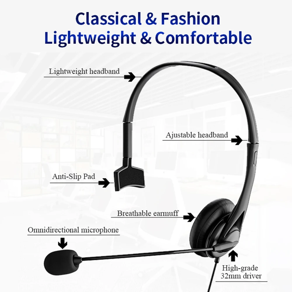 Universal Call Center Headset 3.5mm USB Wired Business Headphones with Microphone Noise Cancellation Wired Earphone