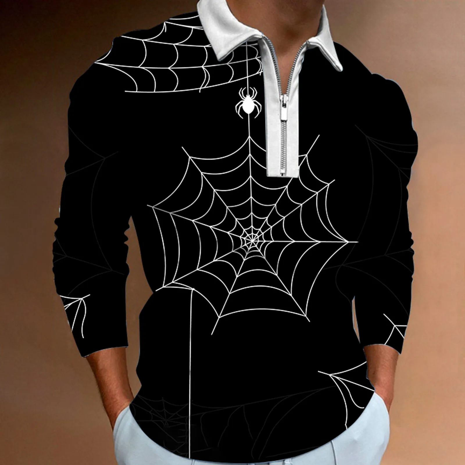 

Mens Halloween Long Sleeve Shirt Casual Slim Fit Lapel Party Zipper Shirts Bat Pattern Print Tops