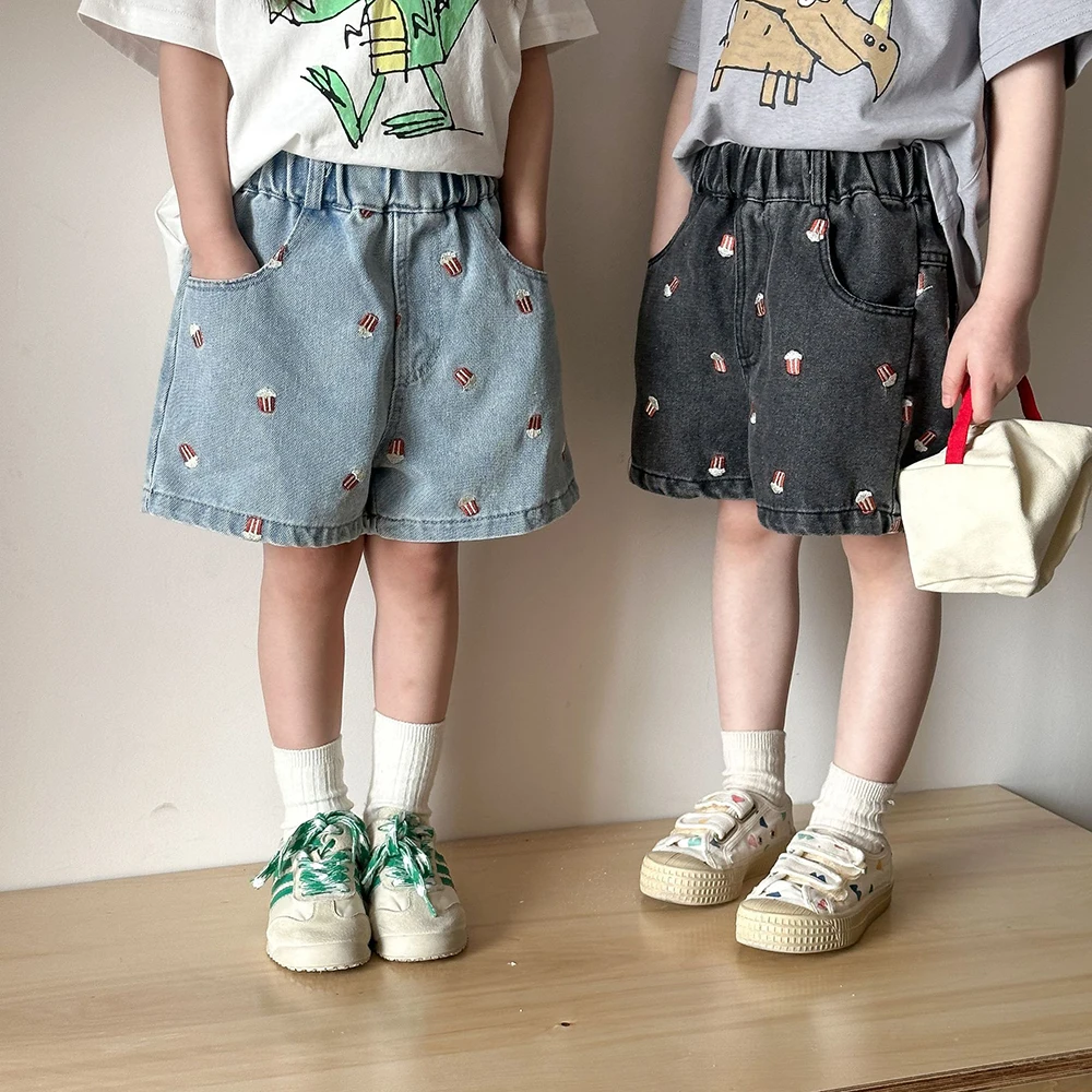 Kids Denim Shorts with Popcorn Embroidery for Boys Girls