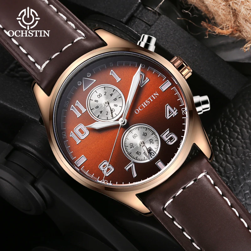 Ochstin Top Brand Multifunctional Quartz Watch Leather Strap Mineral Hardened Galss 30 Meters Life Waterproof Watches