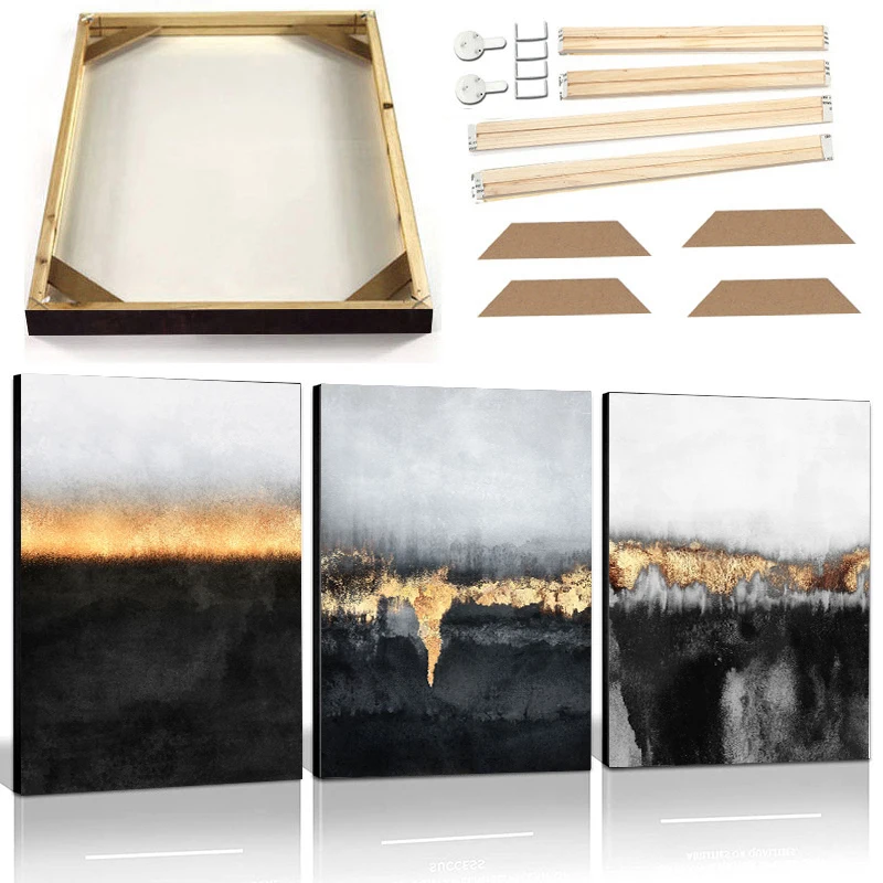 프레임 포함 현대 추상 미술 북유럽 포스터 프린트, 블랙 골드 캔버스 페인팅, 벽 그림, 거실 홈 데코