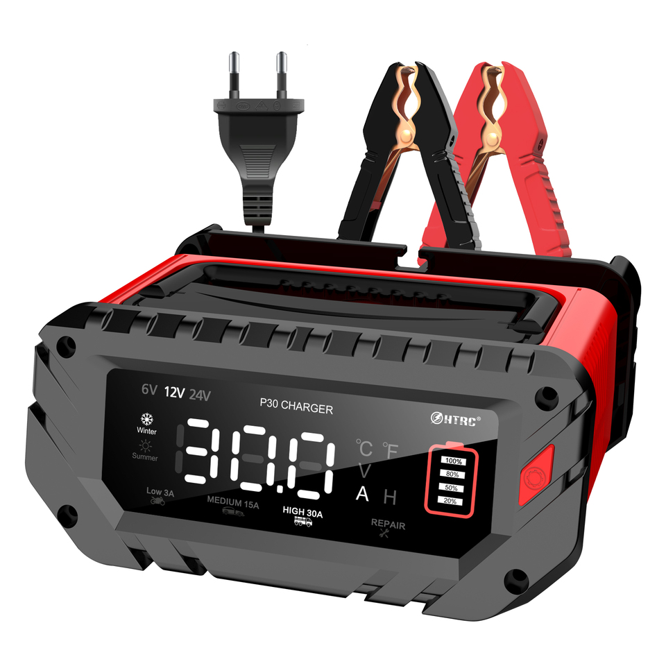 HTRC 30A/26A/20A 12V 24V Automatic Battery Charger Pulse Repair Maintainer for ATV Truck LiFePO4 Lead-Acid AGM Wet GEL Battery