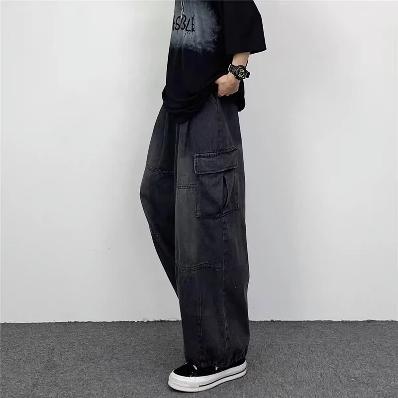 Japanese Retro Wide-leg Jeans Big Pocket Overalls Men Casual Loose Wide Leg Jeans Summer Autumn Fashion Straight Pants