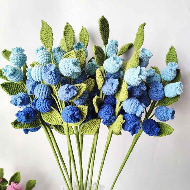 

Handmade Knitting Fruit Flowers New Finished Blueberry Flower Bouquets Artificial Flower Home Living Room Party Decoration Gifts