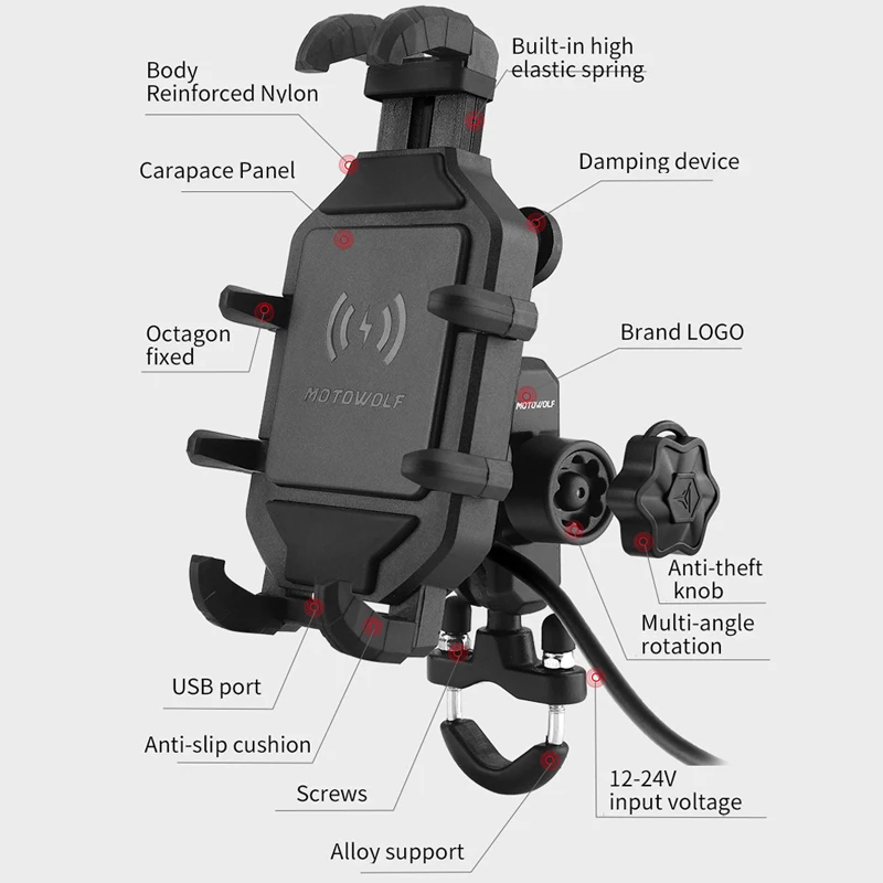 Universal Motorcycle and Bicycle Phone Holder with Fast Charging Wireless Charger