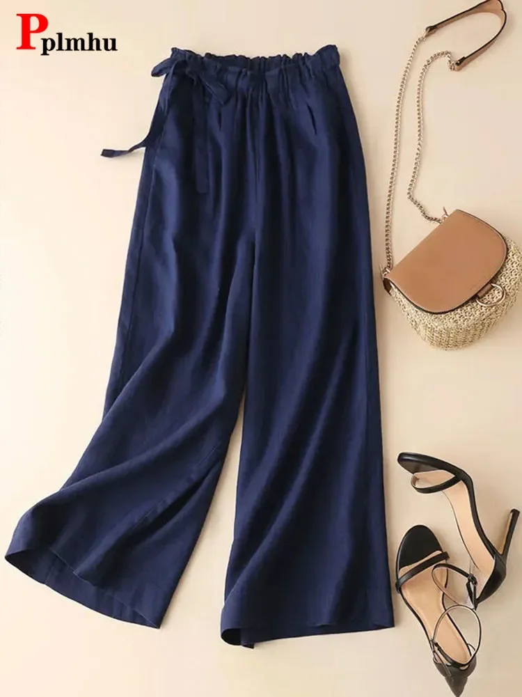 

Summer Elastic Waist Cotton Linen Pant Baggy Straight Trousers Vintage Women Pantalones Casual Big Size New Ankle-length Spodnie