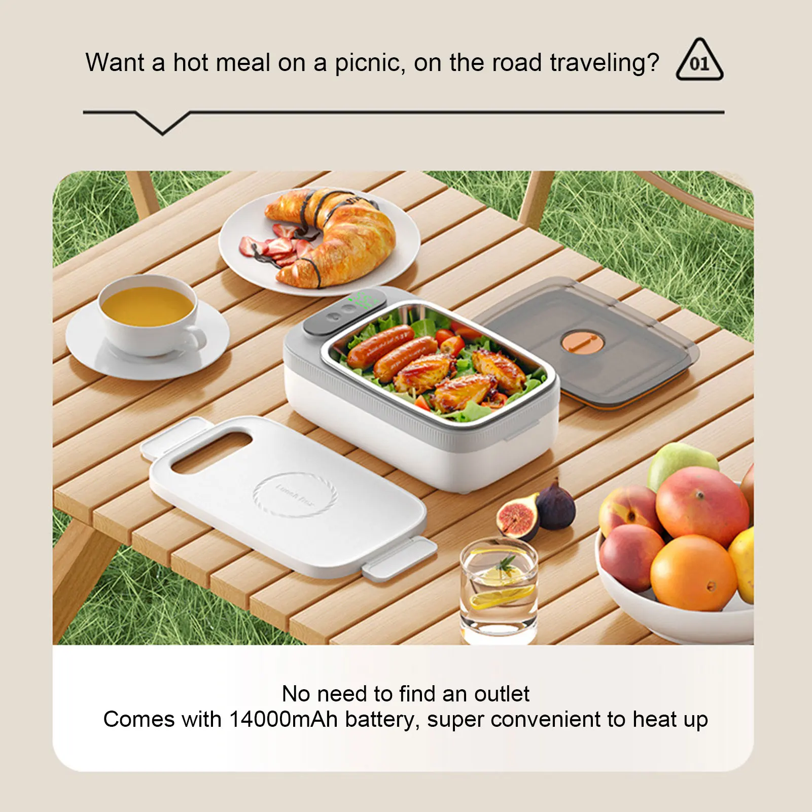 Heated Lunch Box Battery Powered 40W Lunch Box Food Heater Fast Heating Insulated Cordless 304 Stainless Steel for Picnic