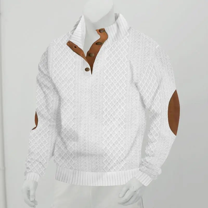 Men's Waffle Knit Quarter Zip Pullover with Contrast Trim and Elbow Patches Casual Long Sleeve Sweater