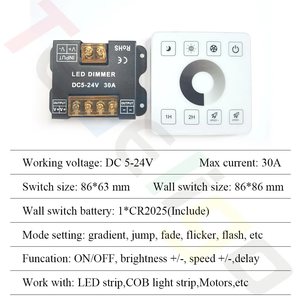 Tedeligo LED Dimmer Switch 433MHz 12V 24V 30A Regulator Adjustable Brightness Controller Wireless Wall Switch for LED Strip Lamp