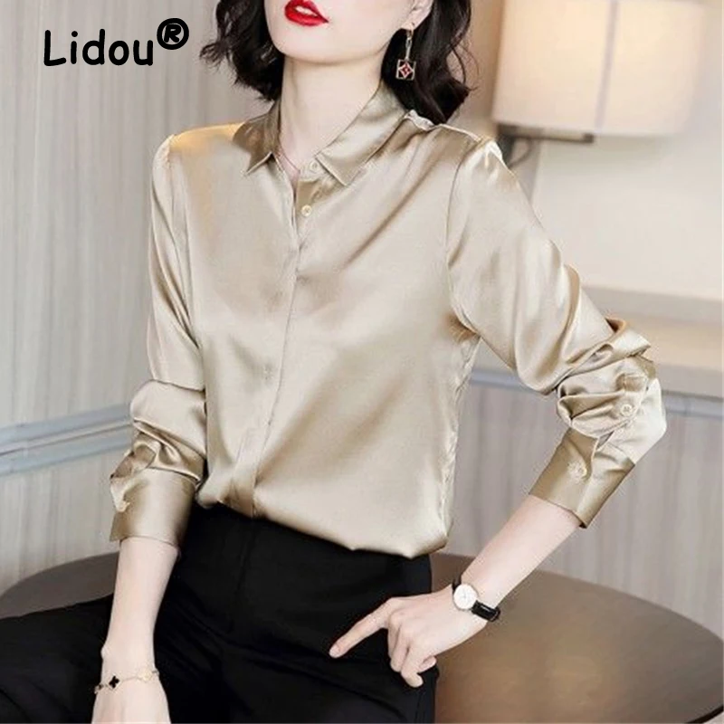 

Spring Autumn Women's High Quality Satin Elegant Button Up Shirt Office Lady Business Casual Slim Blouse Solid Long Sleeve Tops