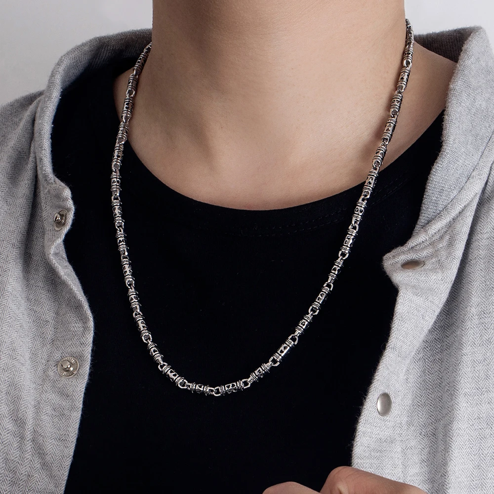 925 스턀링실버 남성용 쿠바체인 목걸이, 여성용 패션웨딩 주얼리, 크리스마스 액세서리, 10mm, 20인치, 22/24인치 11 빈티지 보헤미안 925 스털링 실버 목걸이-4.5MM 패턴 중공 대나무 링크 체인 목걸이-20/22/24