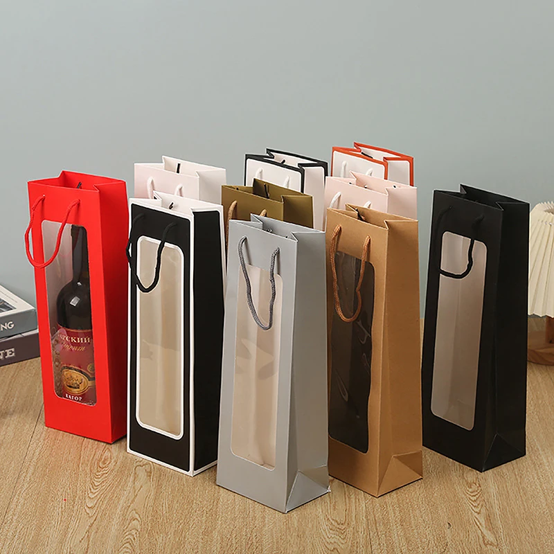 Single Bottle Kraft Paper Wine Gift Bag with Transparent PVC Window, Reusable Rectangul... - SKU KPWB2208 - UGI Packaging