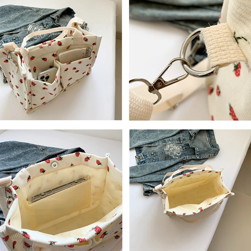 Borsa tote Borsa carina con toppe a fragola per donna Borsa tote in tessuto di grande capacità Borsa tote duratura con spalla regolabile - immagine 5