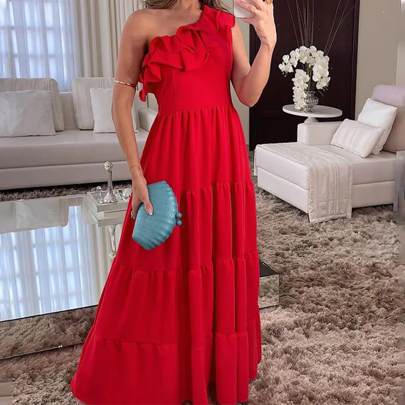 

2023 New Women's Hollow Off Shoulder Party Dress Casual High Waist Pleated Holiday Dress Sexy Asymmetric Ruffle Beach Long Dress
