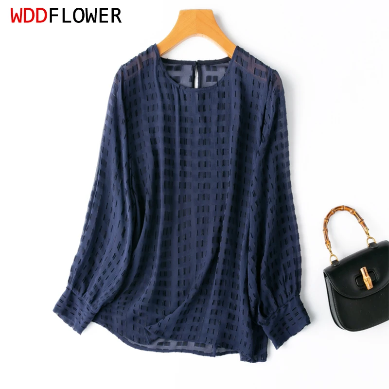 

Women Silk Blouse 100% Mulberry Silk Jacquard Transparent Navy Loose Type O Neck Long Lantern Sleeve Shirt Top Pullover M1108