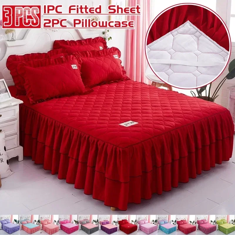 

Cotton Bed Sheets & 2pcs Pillowcases Skirt Bedspread Lace Sheets Wrap Around Solid Fabric Bedroom Gathered Ruffled Bed Skirt