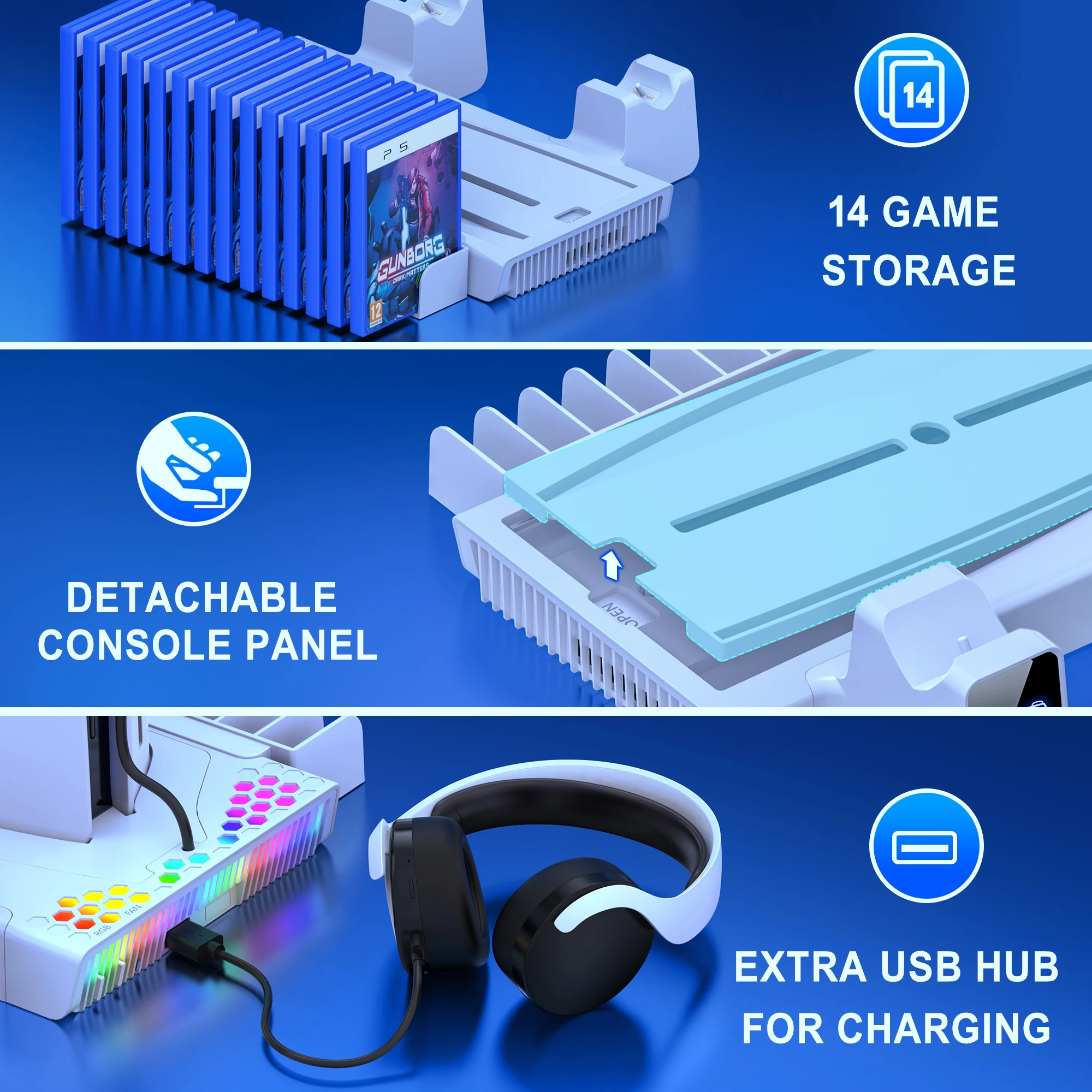 BEBONCOOL PS5 슬림 냉각 스테이션용 냉각 스탠드, 플레이스테이션 5 콘솔용 벽걸이 스탠드, 듀얼 게임패드 충전기