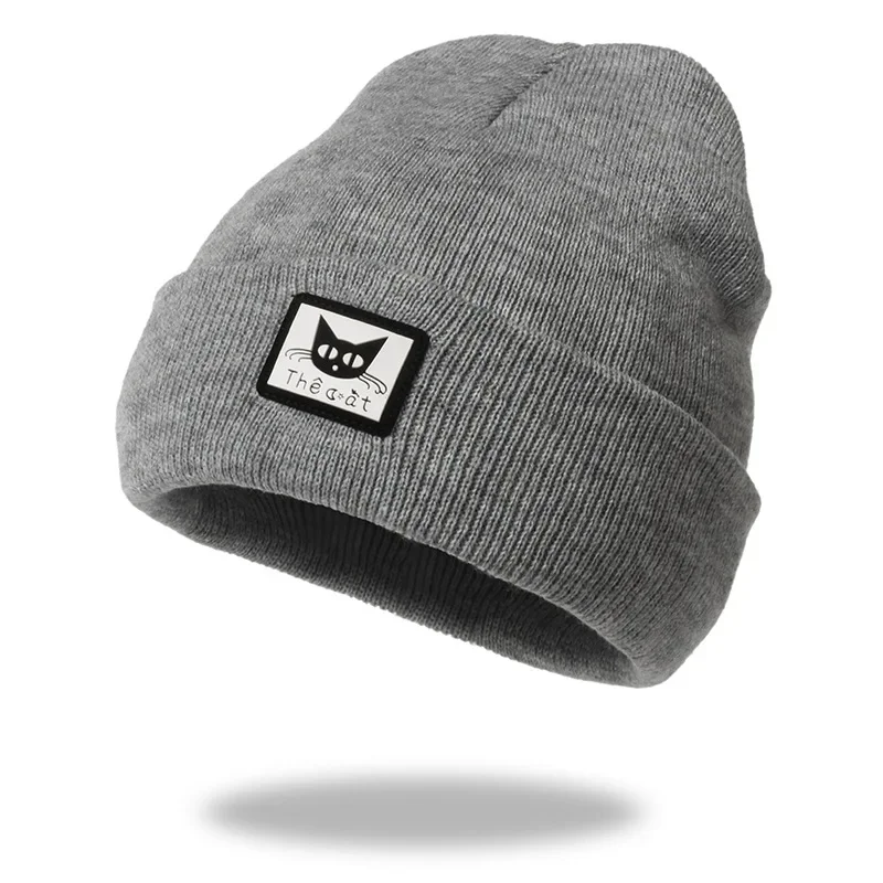 Autumn Winter New Fashion Trendy Knitted Hat for Women Pink Solid Patch Cute Cat Cuffed Beanies Female Ski Hat Girls 4