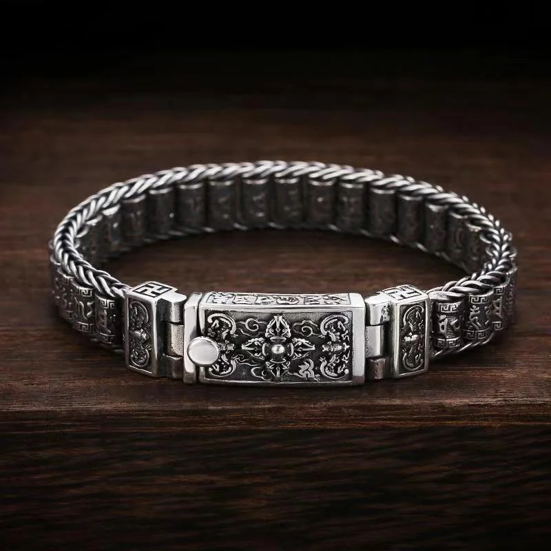 

Luxury Jewelry S925 Silver Hand Woven Jewelry Ethnic Punk Rock Bracelet Men's Vintage Silver Bracelet Birthday Gift Wholesale
