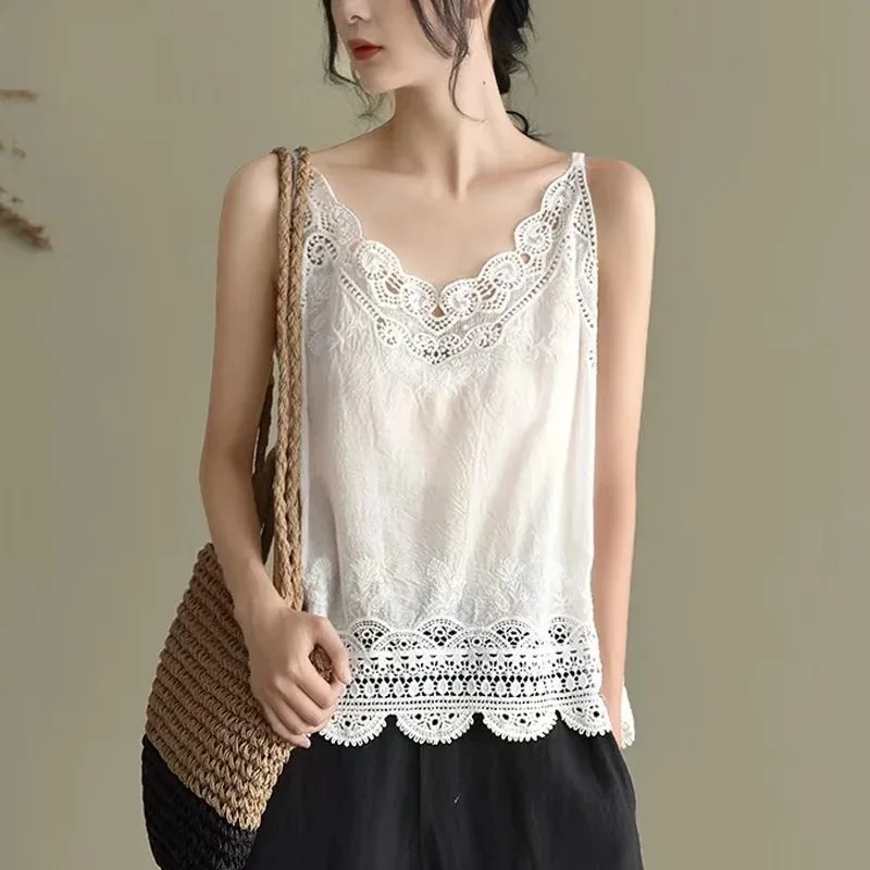 Summer Lace Tanks Tops Women Sexy Loose Sleeveless Fashion Lady Backless Camis White