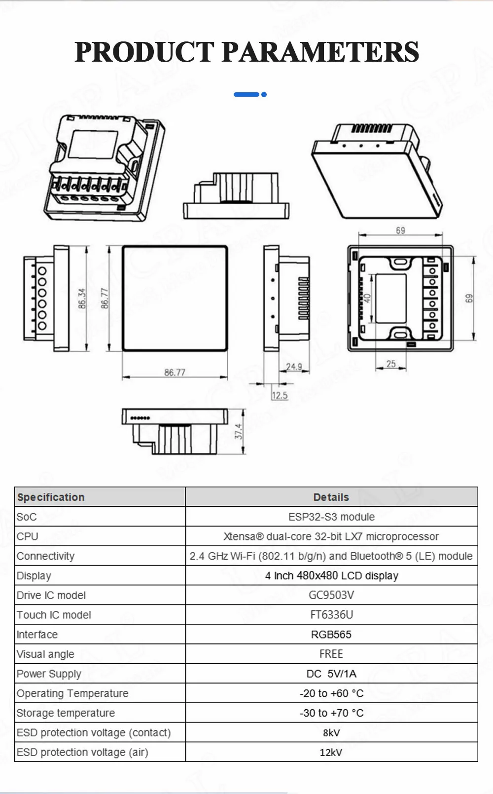 ESP32-S3, 480x480, WT32-S3-WROVER-N16R8