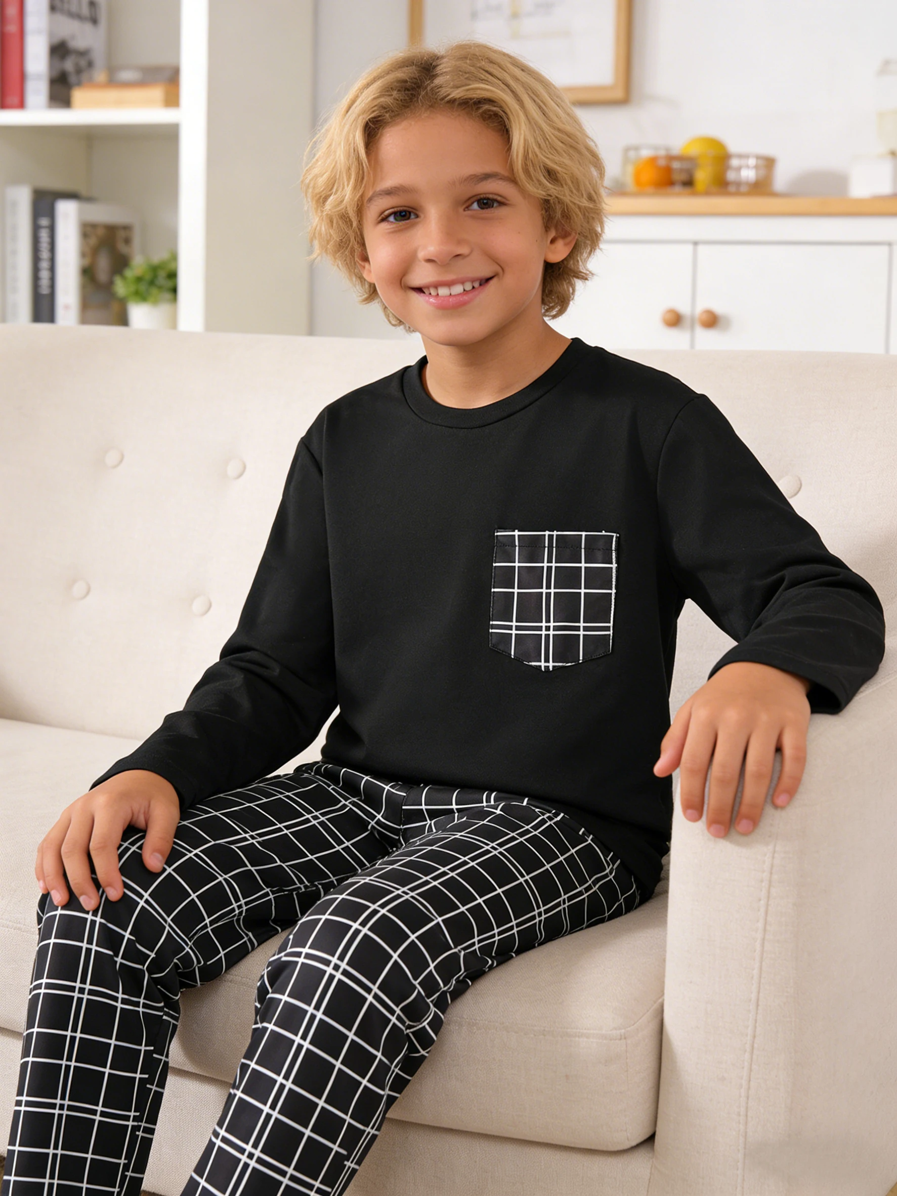 Boys' and girls' sleepwear sets for spring and autumn, men's and girls' tops, pants, and home wear, suitable for home wear - 5