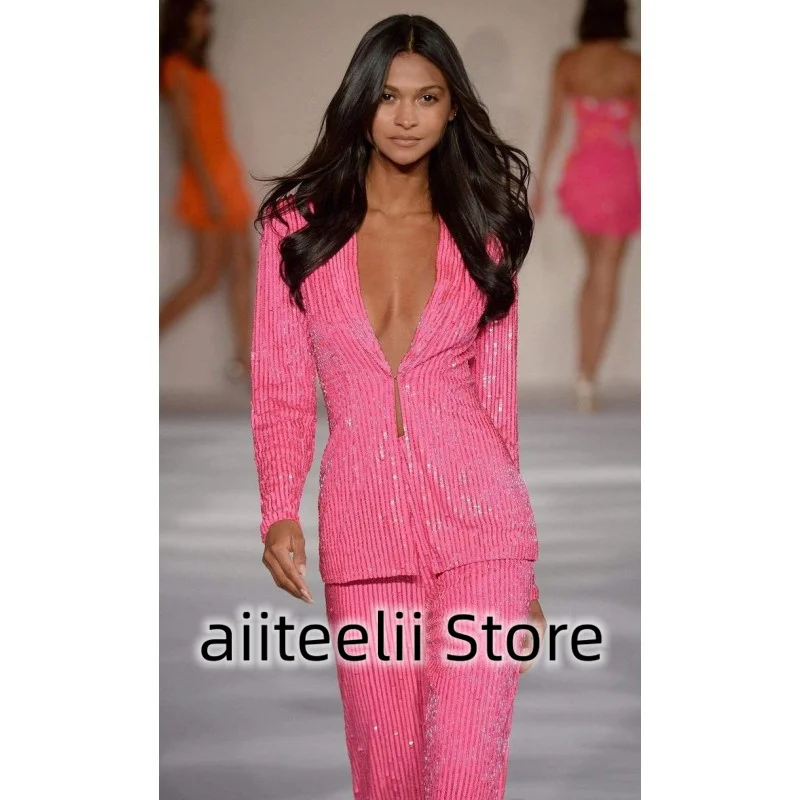 Women's Suit Two-Piece Set Fashion Sequins Sexy Deep V Slim Lapel and Floor Trousers Suitable for Business Casual Jacket Coat
