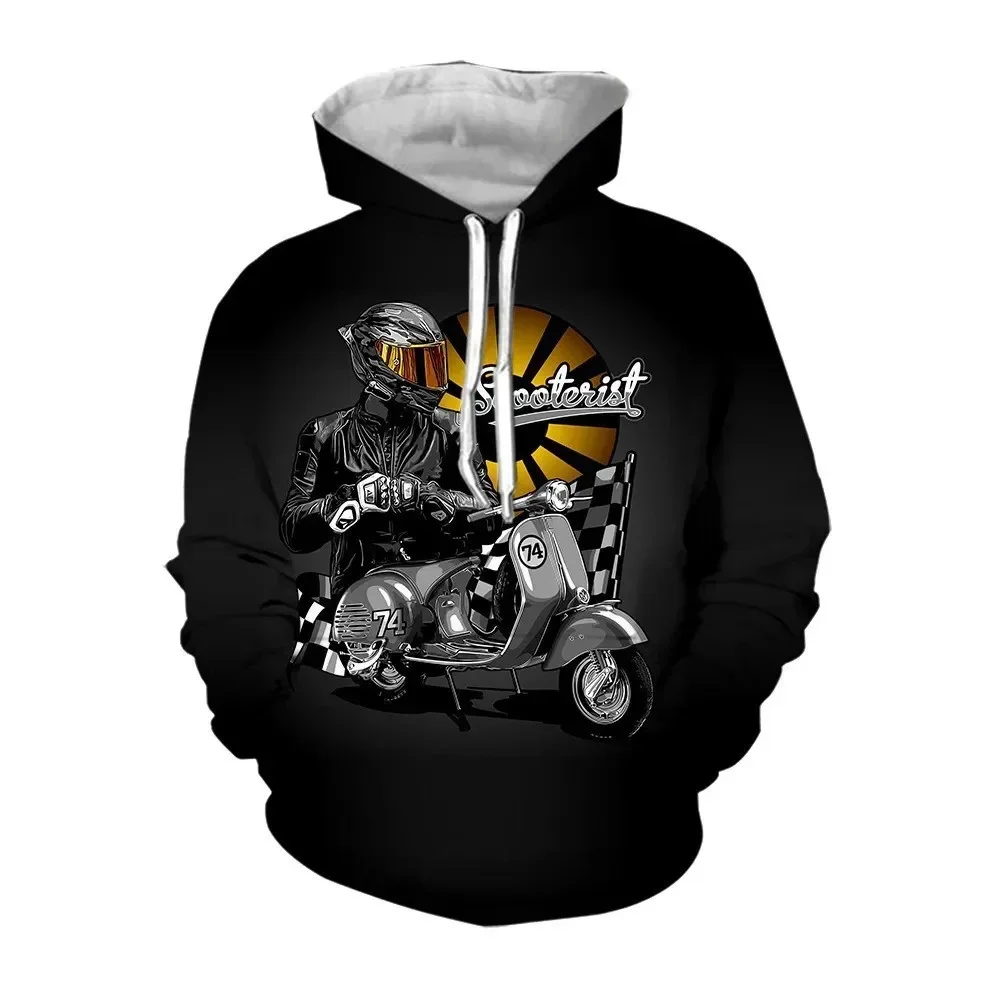 Fashionable Retro Motorcycle Hooded Print Men's Casual Sports Loose Size Pullover Hip-Hop Street Clothing Long Sleeved Hoodie。