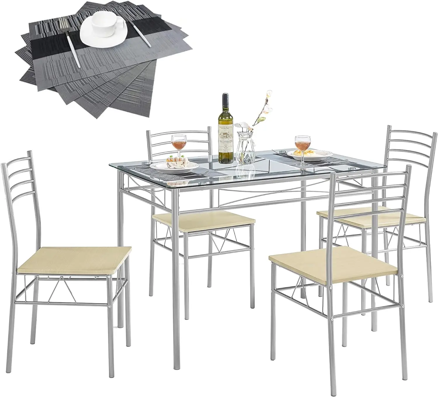 

5 Piece Dining Table Set for 4 with Chairs, Glass Top, Small Space, Silvery