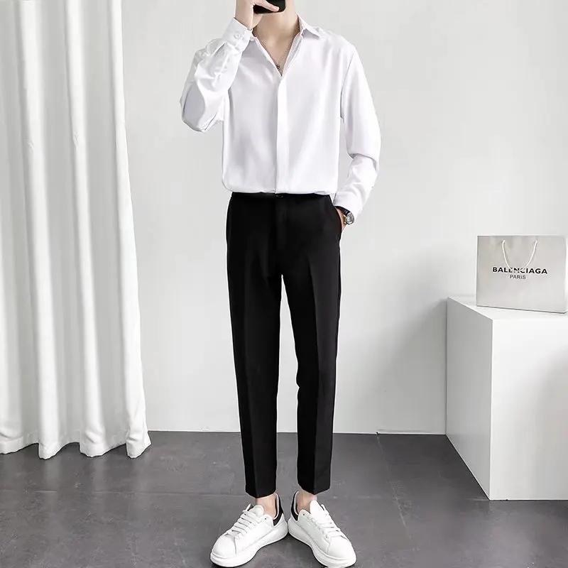 Spring Anti-Wrinkle Luxury Men Shirt Thin Solid Color Casual Loose Long Sleeve Smart Business Shirt Japanese Fashion Chic Blouse