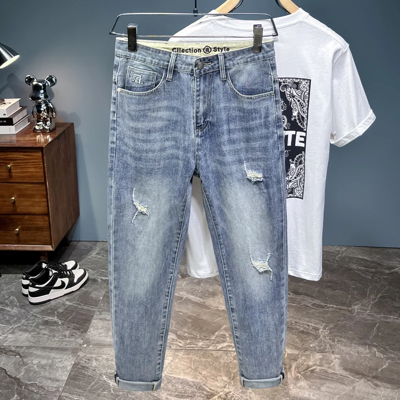 2024 Spring New High-End Ripped Jeans Men's Slim Fit Skinny Fashion Street Casual Elastic Ankle-Length Pants