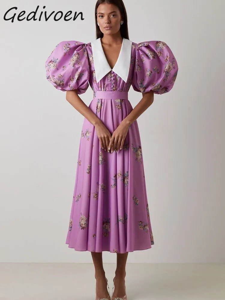 

Gedivoen Fashion Runway Summer Vintage Hit Color Midi Dress Women Lapel Big Puff Sleeve Sashes Gathered Waist Floral Print Dress