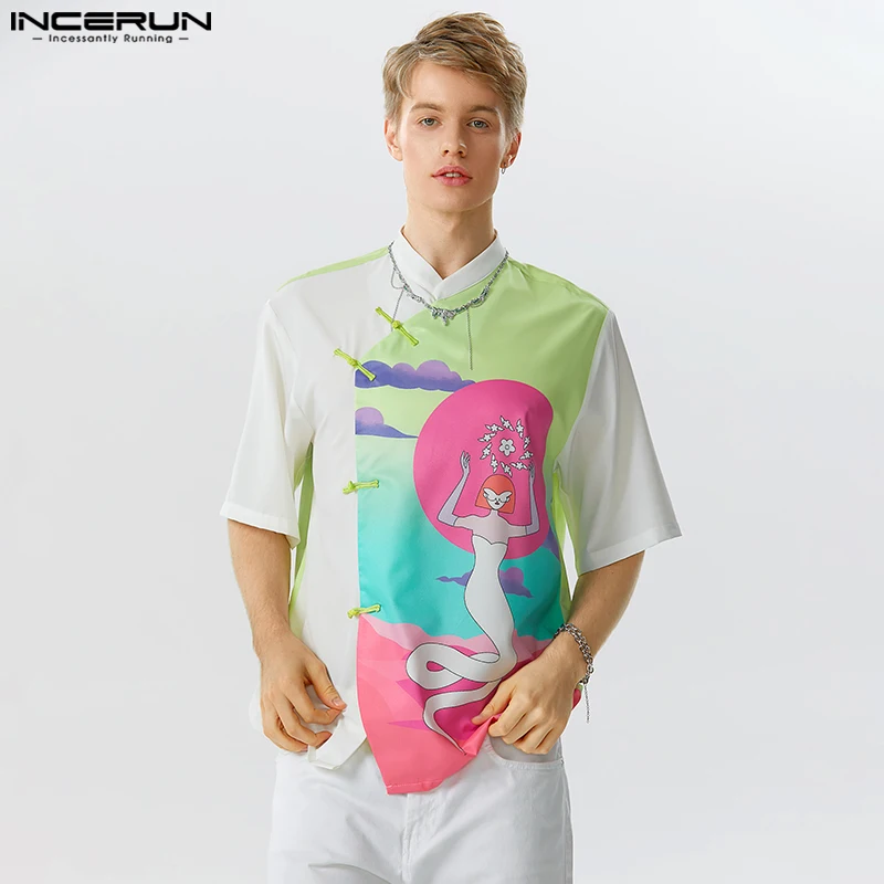

Stylish Casual Style Tops INCERUN Men's Funny Print Pattern Light Color Shirts Patchwork Stand Collar Short Sleeve Blouse S-5XL