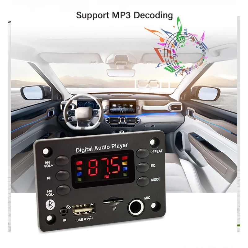 Scheda Decoder MP3 Bluetooth FM Per Auto - 5V/12V Lettore TF USB Radio Modulo Fai Da Te