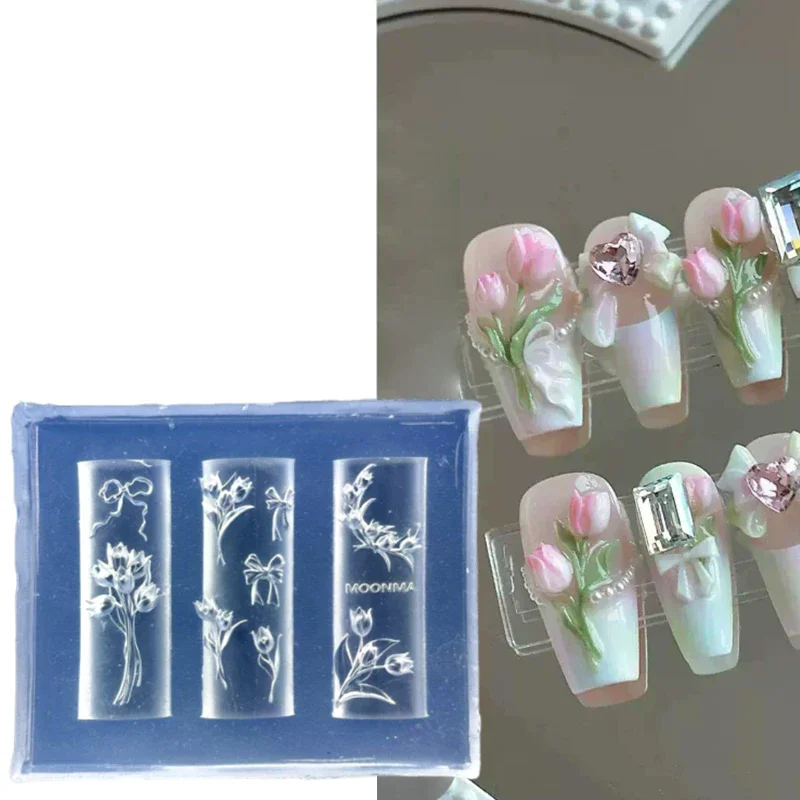 Rose Tulip Flower Silicone Relief Nail Mold Professional Nail Salon DIY 3D Nail Art Decoration Manicure Accessories