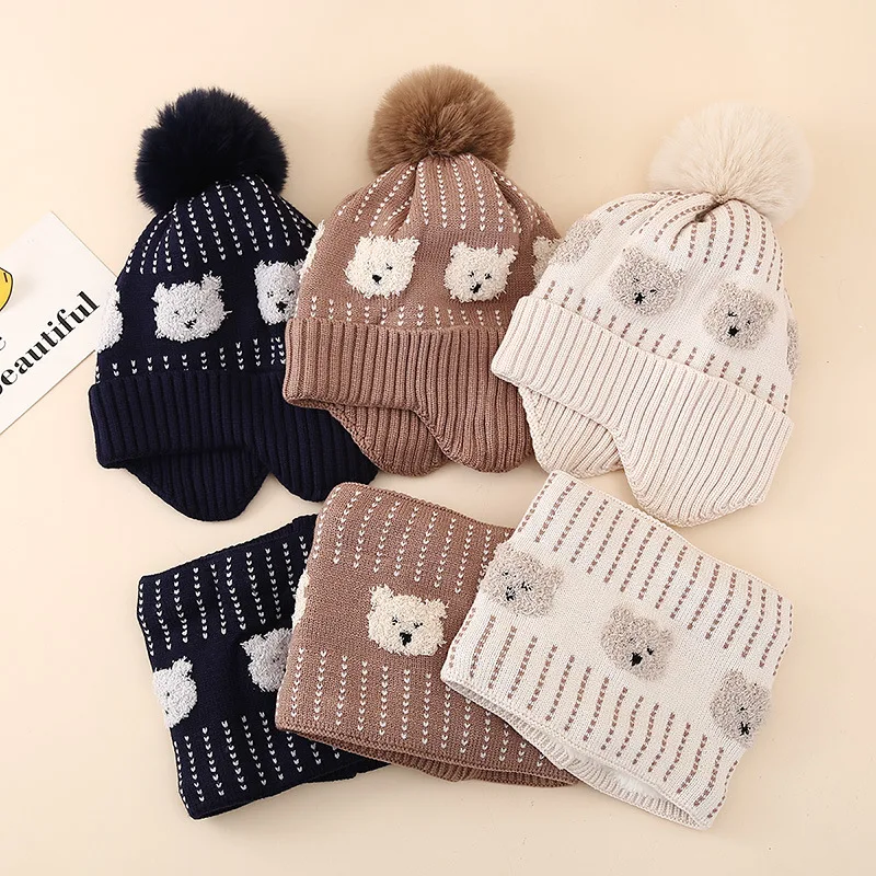Winter Boys' Cartoon Jacquard Little Bear Knitted Hat Scarf Two Piece Set Children's Warm Velvet Ear Protection Hat