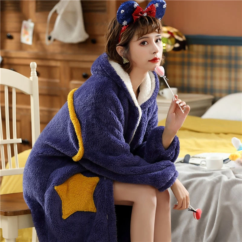 Women Bathrobe Winter Flannel Warm Robes Kawaii Sleepwear Velvet Pajamas Negligee Hooded Long Sleeve Nightwear Lounger Wear